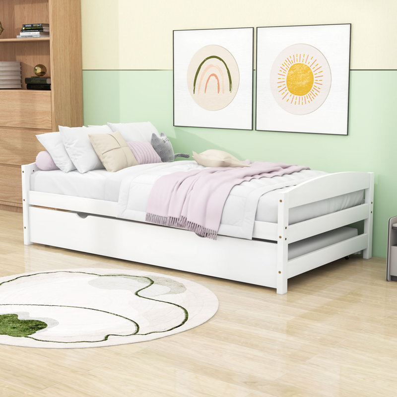 Lit plateforme simple en bois avec lit gigogne simple, tête et pied de lit, Blanc