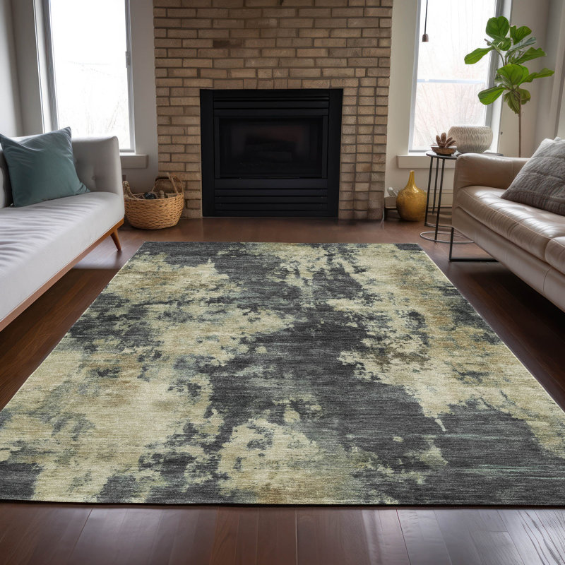 Tapis intérieur / extérieur gris lavable à la machine Xhevrie, Rectangle 9 pi x 12 pi