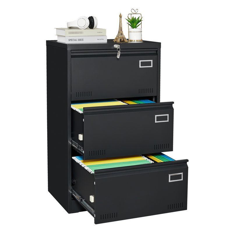 Metal 3 Drawer Office Filing Cabinet With Lock, Generous Capacity, Slide, -Protecting, Black Finish Drawers, Locking, Organization, - Design
