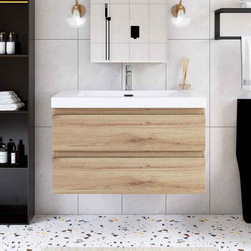 Meuble-lavabo simple 36 po avec plateau en résine intégré 36 po, Chêne