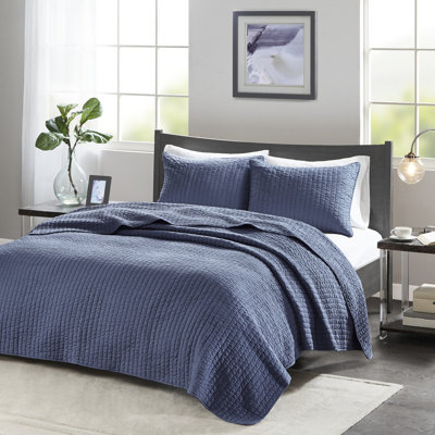 Full/queen Navy 3 Piece Quilt - Microfiber, Cotton Fill, Reversible, Improves Bedding Hygiene And Appearance Reversible For Enhances Durability