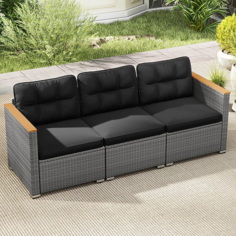 3-Seat Patio PE Rattan Wicker Couch Sofa with Deep Seating and Cushion for Porch, Black Cushion/Grey Frame