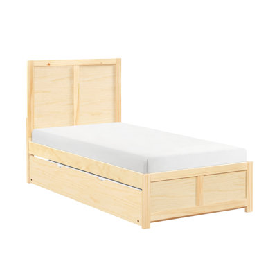 Contemporary Twin Size Platform Bed, Trundle Feature, Pine Finish, Comes With Headboard And Slats Bed Trundle, Featuring
