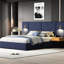 Élégant lit plateforme très grand avec peau - Matériau et lampe - Tissu bleu rétro