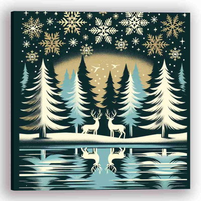 «Midnight Serenade: Golden Snowflakes and Deer», art sur toile