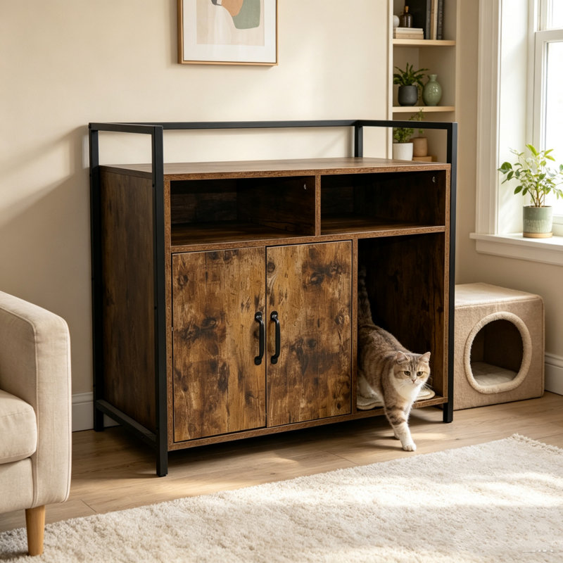 Bac à litière rustique en bois brun de 81 cm avec tapis à griffer, meuble spacieux et discret pour chambre, salle de bain et salon, pouvant supporter jusqu'à 27,7 kg.