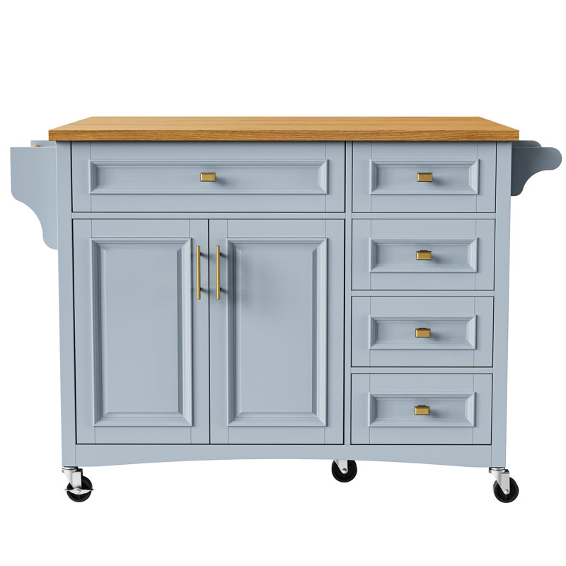 52'' Kitchen Island In Blue Grey. Spacious Storage With 2 Doors, 5 Drawers, Towel Rack & Spice Rack. Adjustable Shelf. Mobile On Wheels, Lockable. And Oak Veneer. Classic Beauty Drop Leaf Island, .