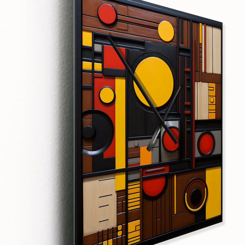 Géométrie rétro en jaune III - Horloge murale moderne abstraite, H 40 po x l 30 po x P 1 po