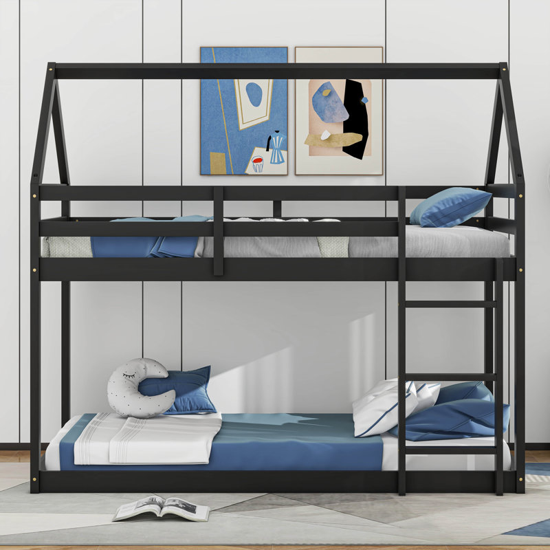 Twin Size Bunk House Shape Bed With Ladder, House Shape Low Bunk Bed With Safety Guardrail, Black