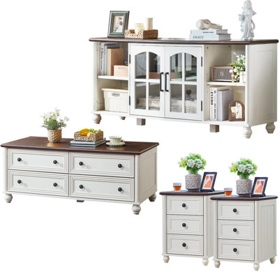 Ensemble de meubles de salon de style ferme 4 pièces avec meuble télé, table basse et table de chevet, avec rangement et station de recharge pour chambre et salon