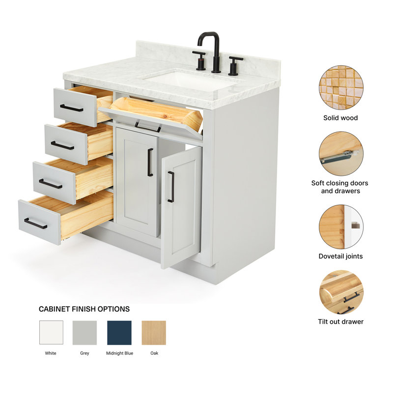 ARIEL HEPBURN 37 IN RIGHT OFFSET RECTANGULAR SINK VANITY 1,5 IN, Gray, Right, Rectangular
