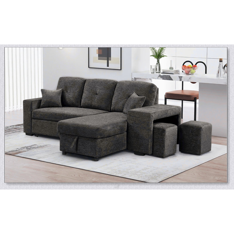 Versatile Sleeper Sectional Sofa Bed With Side Shelf, 2 Stools, And Pull-Out L-Shaped Design For Modern Living