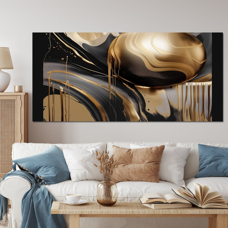 Impression sur toile encadrée dorée et noire captivante IV, Toile tendue, H 28 po x l 60 po, Sans cadre