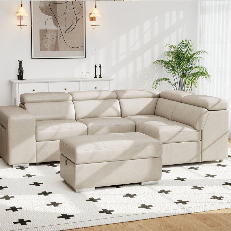 104" L Shape Sectional Sleeper Sofa 2 in 1 Convertible Sleeper Sofa With Pull Out Bed And 2 Stools, Beige Polyester