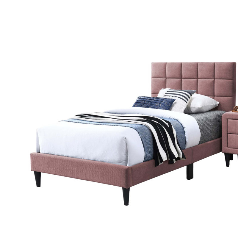 Luxueux lit double avec tête de lit réglable capitonnée Biscuit et pieds moyens, parfait pour le confort et le style modernes.