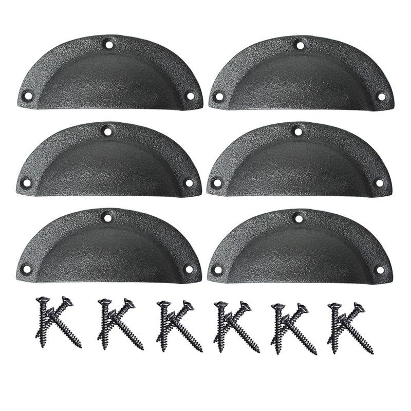 Black Wrought Iron Cup Bin Pulls with Mounting Hardware, Set of 6
