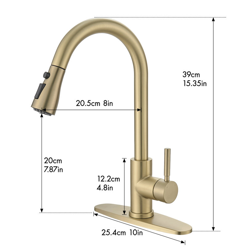 Nickel Gold Kitchen Tap With Deck Plate And Pull-Out , Single Handle, 360 Swirling Spray Pattern, Ceramic Filler, Stainless Steel, Classic Faucets Swiveling Waterfall Spray,