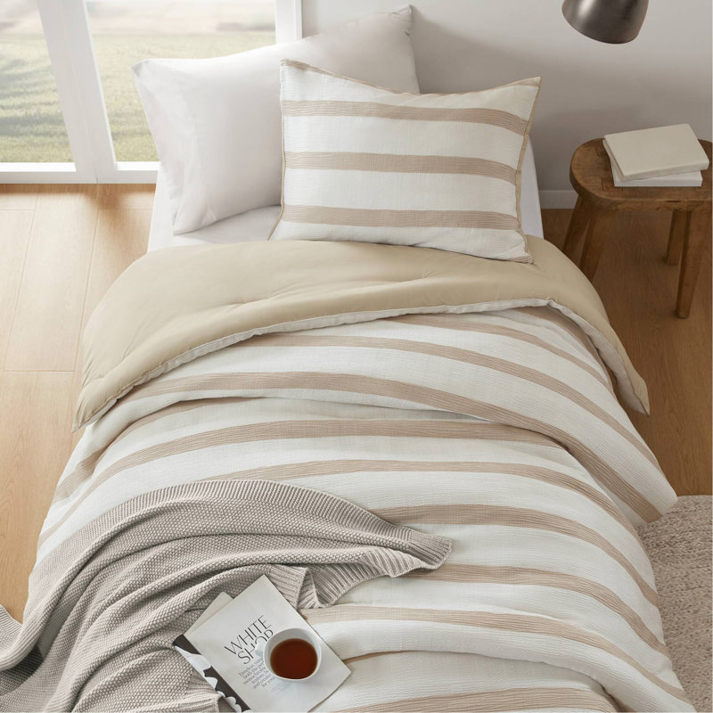 Édredon 3 pièces pour lit double / rayé teint en laine, Édredon simple et 1 taie d'oreiller, Rayure taupe