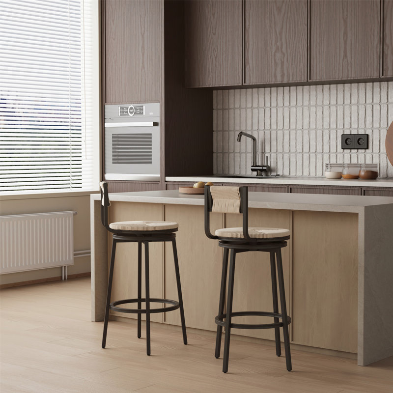 Charming Metal Frame Bar Stools with Exquisite Paper Rope Seats for Kitchen, Oak