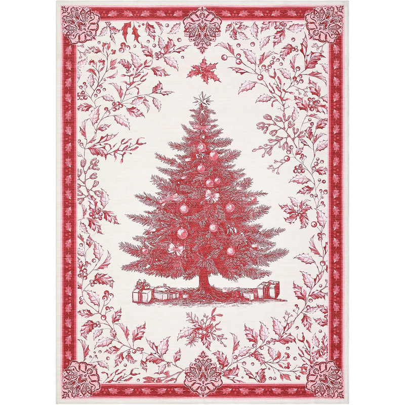 Christmas Tree Print Non-Slip Indoor Rug – Washable Soft Holiday Doormat for Entryway, Kitchen, Bathroom, Bedside -Thin Red Carpet