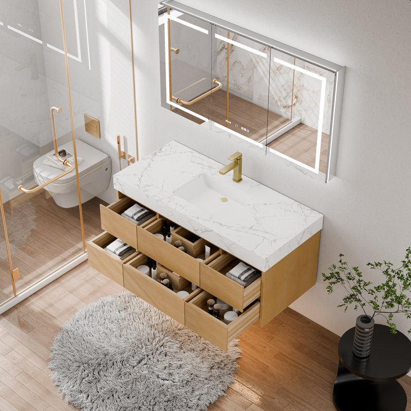 Meuble-lavabo flottant 48 po en érable avec comptoir en marbre d'ingénierie, lavabo encastré en céramique, éclairage DEL et 6 tiroirs à fermeture en douceur - finition naturelle