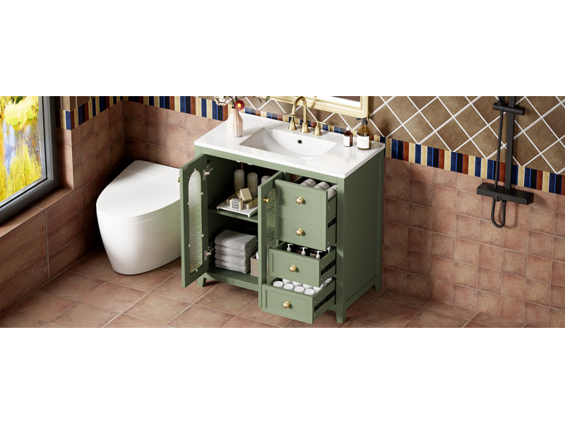 Meuble-lavabo de 36 pouces avec deux portes à fermeture douce, des tablettes réglables et trois tiroirs, Vert