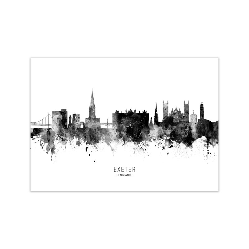 Exeter England Skyline Black White City Name by Michael Tompsett - Print, 30cm H x 42cm W x 1cm D, Unframed