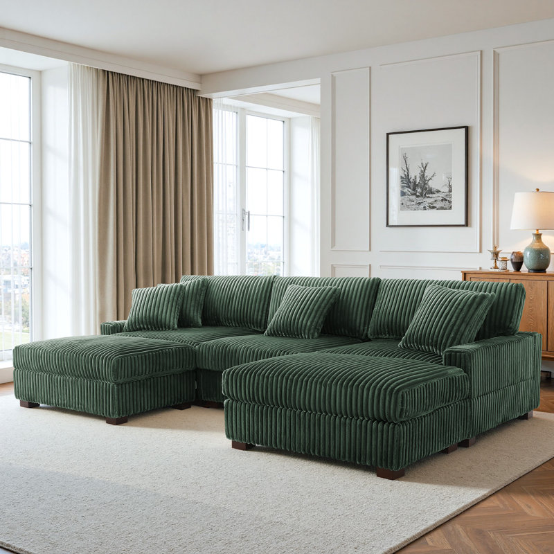 5 Seater Sofa & Chaise, Green Polyester/Foam Padding