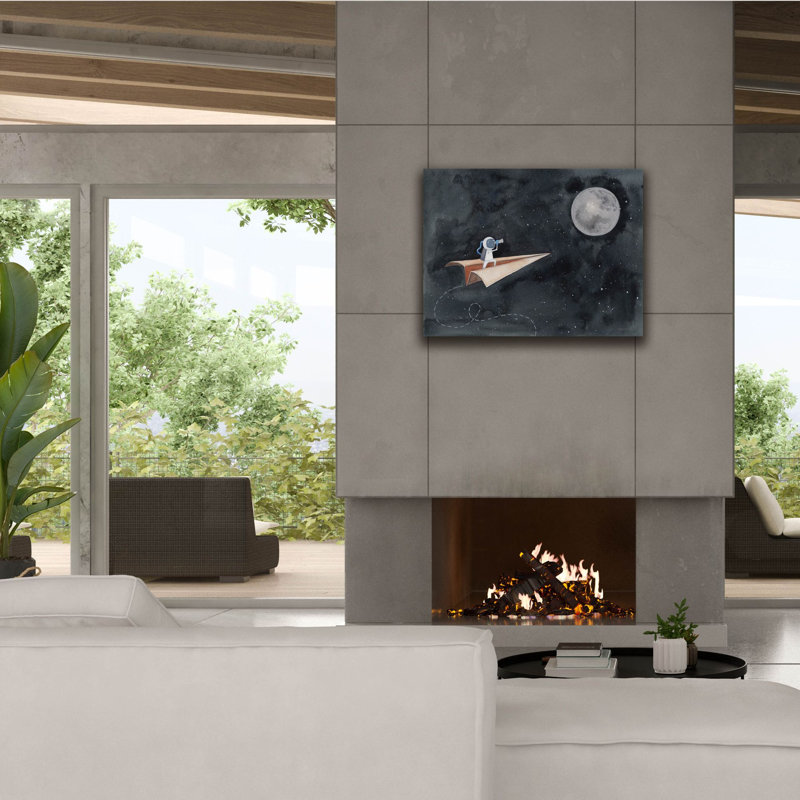  «Papier avion vers la lune» par Rachel Nieman, art mural sur toile, 34 po x 26 po