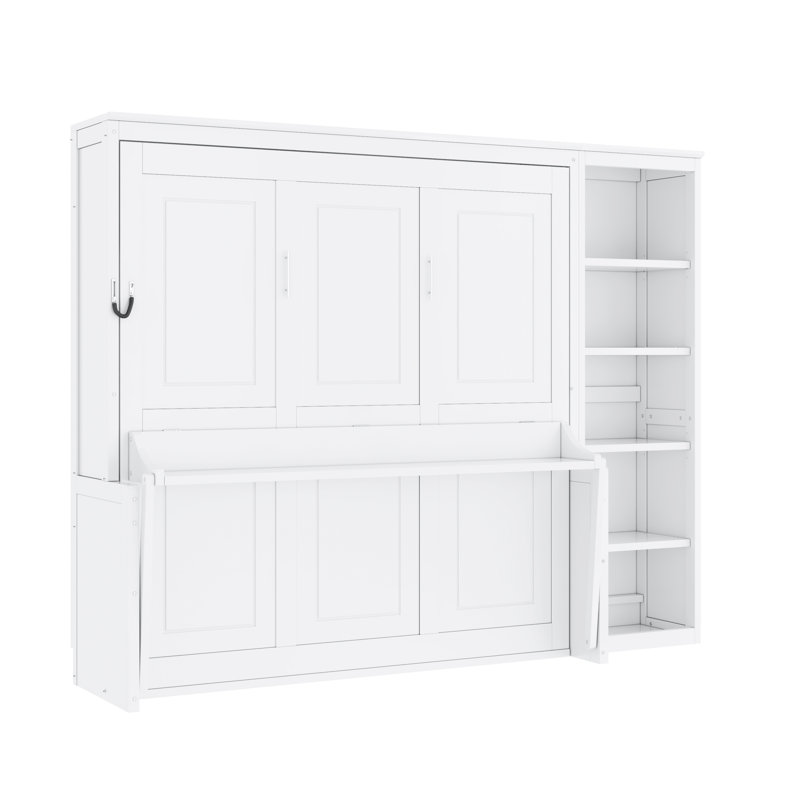 Lit escamotable pliable avec bureau et tablettes, Blanc, Grand