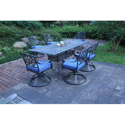 Ensemble de salle à manger rectangulaire en aluminium pour 6 personnes 84,25 po avec coussins Sunbrella Annecorinne