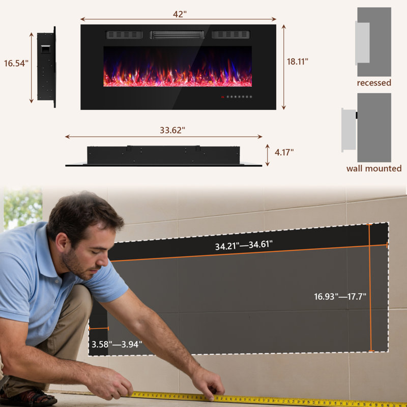 Insertion de foyer électrique 42 po, foyer électrique mural avec télécommande et minuterie, couleur de flamme réglable, 750 / 1500W