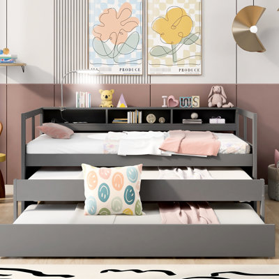 Lit de jour simple TG gris avec 2 gigognes, 3 rangements et installation, charge incluse