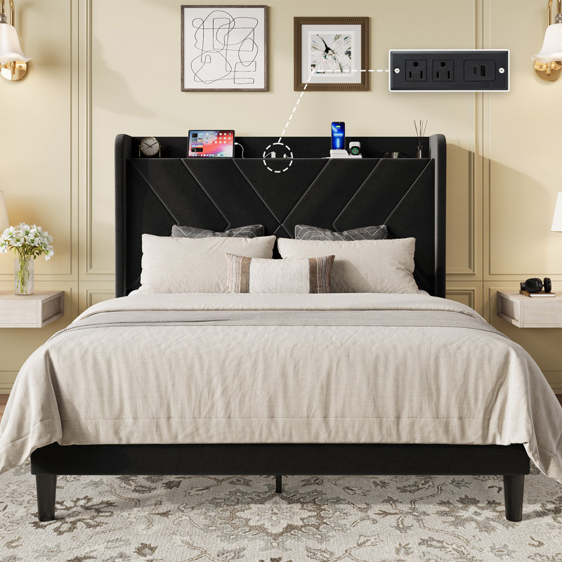 Upholstered Velvet Bed Frame With Storage Headboard And Charging Station, Black, Full