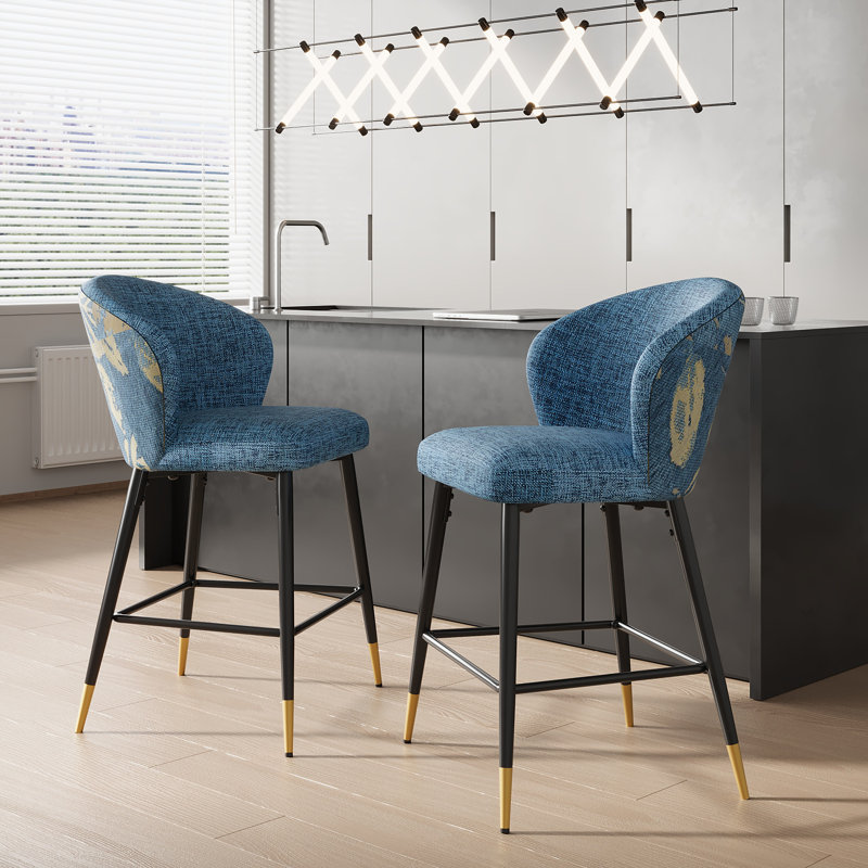 Knox Upholstered Bar Stools With Footrest, Blue/Gold