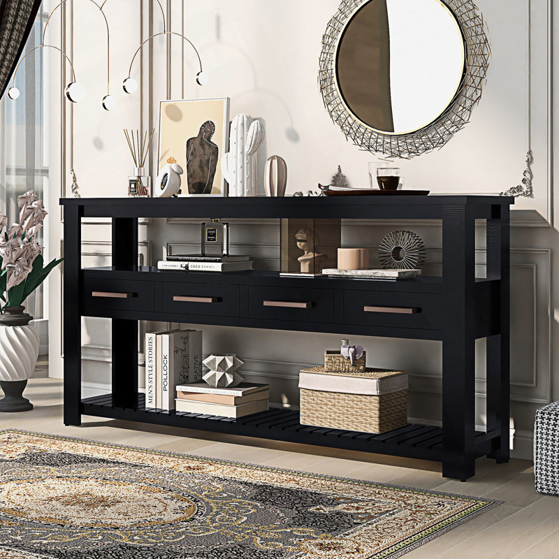 Console moderne, canapé avec 4 tiroirs et 2 tablettes, derrière le canapé