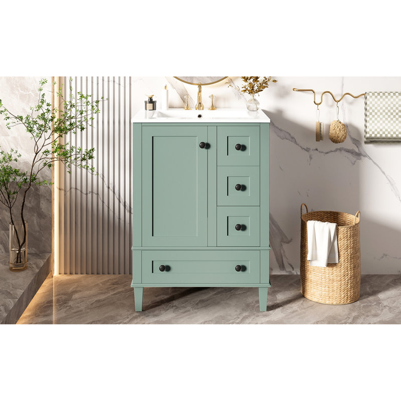 Meuble-lavabo de 24 pouces: conception compacte, lavabo en céramique, tiroir et tablette à fermeture en douceur pour un rangement optimal