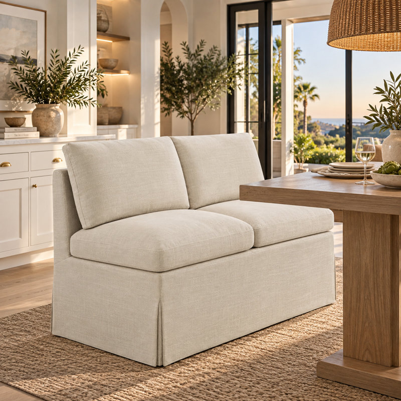 Banc de salle à manger rembourré en bois massif, Lin beige