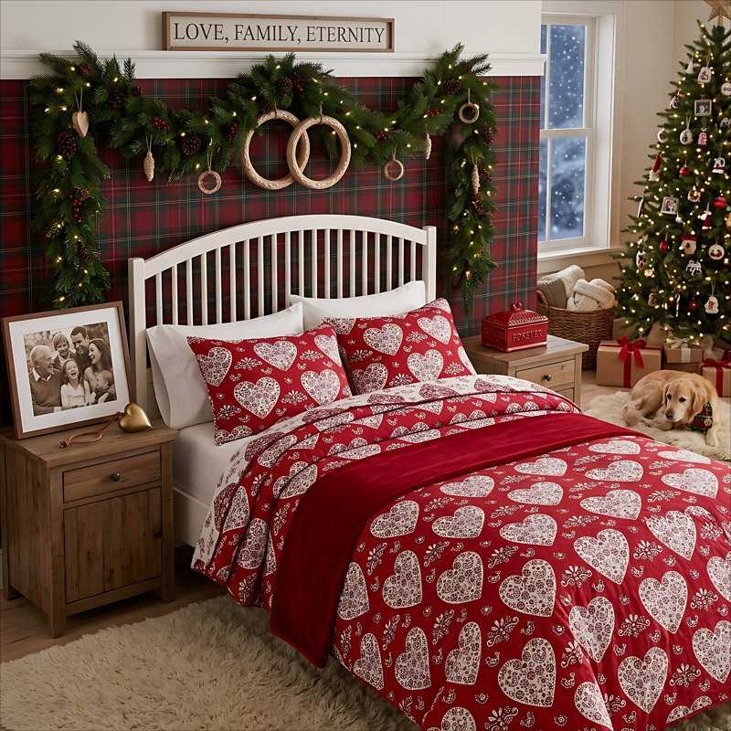Ensemble de couvre-lit rouge pour grand lit 3 pièces Greenbird Home Fashions, 105 x 95 po, Inséparables