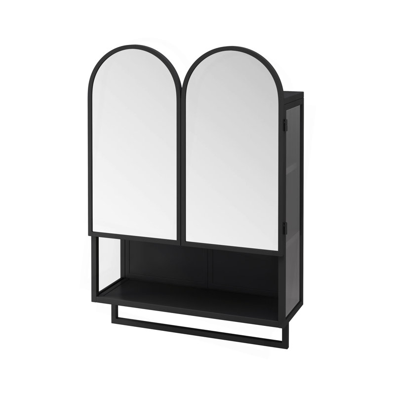 23.62" Modern Double-Arched Mirror Cabinet,2 Doors Medicine Cabinet, Metal Wall Cabinet With Open Shelf And Towel Rack, Mirror Cabinet With Storage For Bathroom, Living Room And Bedroom