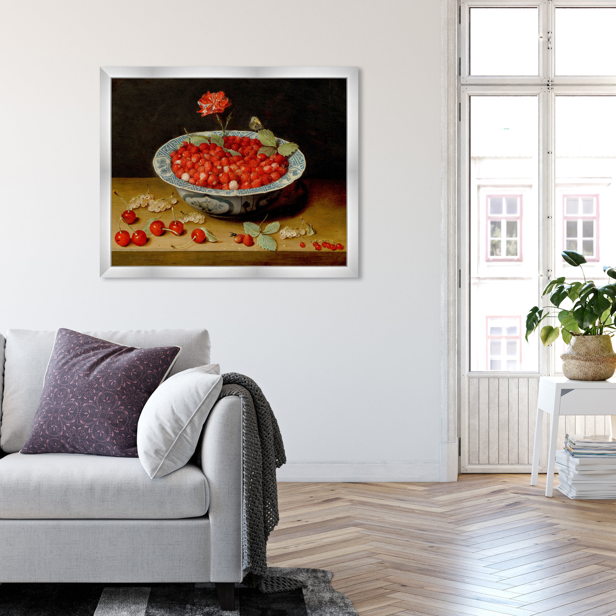 Van Hulsdonck - Wild Strawberries And A Carnation by Van Hulsdonck, 22" H x 27" W x 0.5" D, Gold