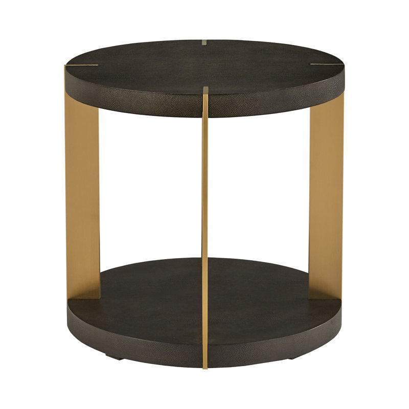 Sula Gold Finish Metal Dark Brown Faux Shagreen Round Table - Dark Brown, End Table