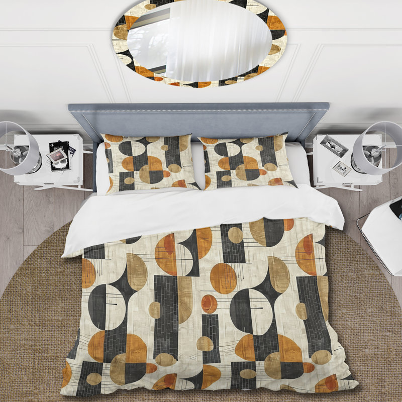 Ensemble de housse de couette orange et noir Midcentury Geometric Shapes III - Midcentury
