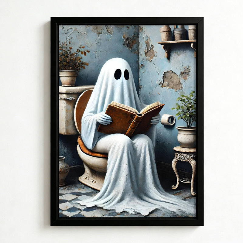 Fantôme d'Halloween lisant un livre sur les toilettes, tableau sur toile encadré, cadre marron, 61 x 91 cm, 24x36, Brown