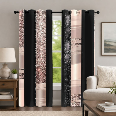 2Pcs Black and Rose Gold Glitter Pattern Curtains, Abstract Style Curtain, Modern Chic Shimmering Stripe Printed Art Grommet Drapes, Window Treatment for Bedroom Living Room Decor