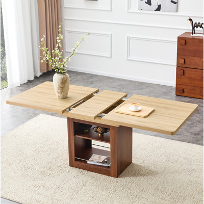 Une table de salle à manger extensible avec espace de rangement, une table de salle à manger extensible de 59 à 71 pouces. Table rectangulaire en bois avec structure en panneau de fibres à densité moyenne de couleur noyer pouvant accueillir 4 à 8 personnes.