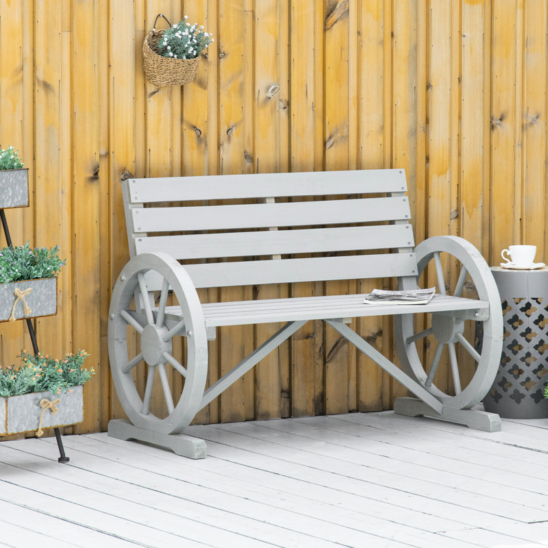 Outdoor Rustic Bench - Wooden Wagon Wheel, Gray, , , 2 Seat, Heavy-duty Fir Wood Bench, With Wheel And Gray