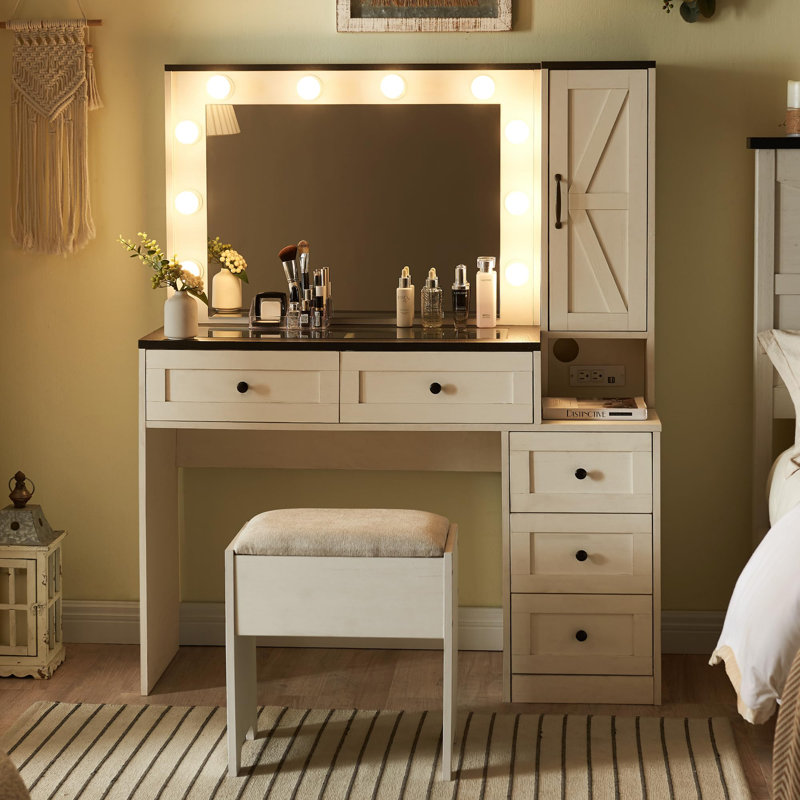 Narvis 43" Makeup Vanity Desk with LED Lighted Mirror & Power Outlet & 5 Drawers, Vanity Set with Stool, White
