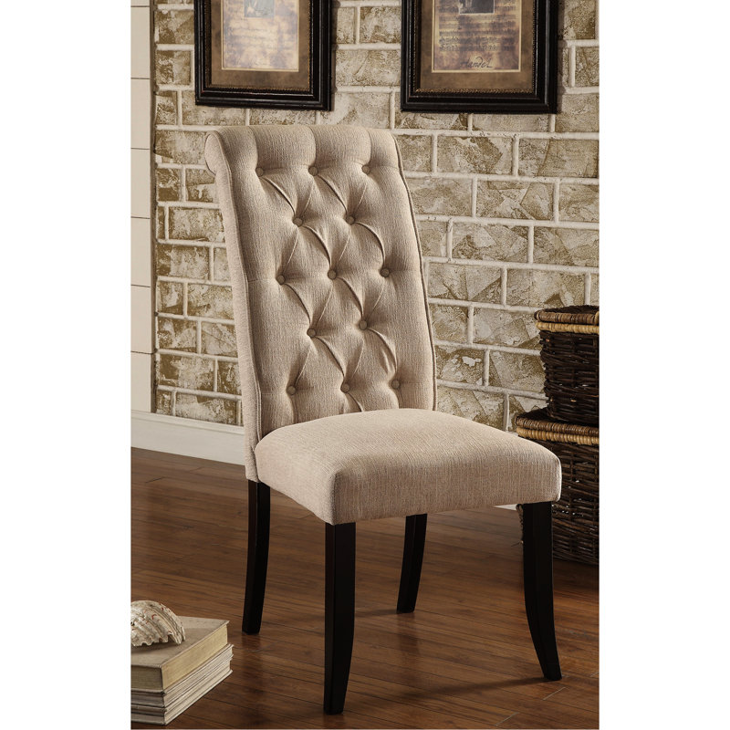 Ensemble de 2 chaises de salle à manger rembourrées Rustic Beige en tissu avec dossier à volutes et structure noire antique