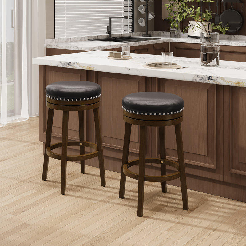 Upholstered Swivel Solid Wood Frame Bar Stool, Brown